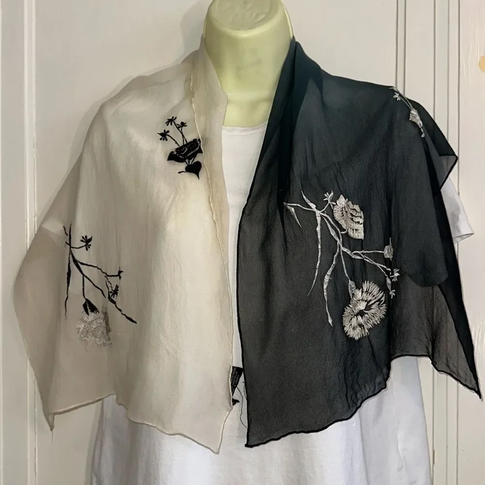 Vintage 60s Ben Goodman black & white‎ silk scarf with embroidered flowers